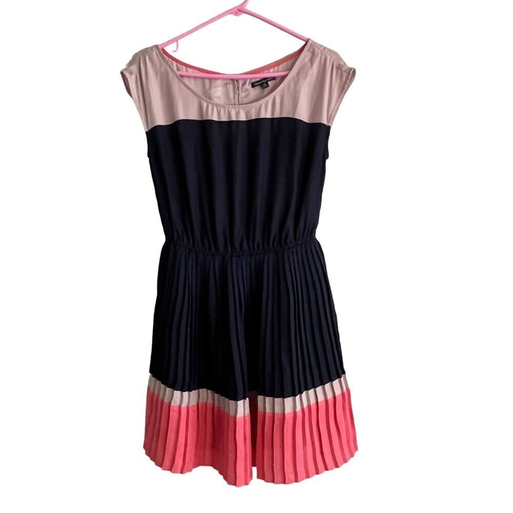 American Eagle Outfitters Color Block Accordion Pleat Dress Navy Coral‎ Small